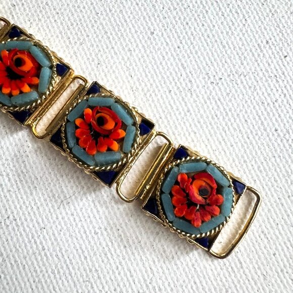 Vintage Italian Micro Mosaic Floral Print Bracelet - Picture 2 of 4